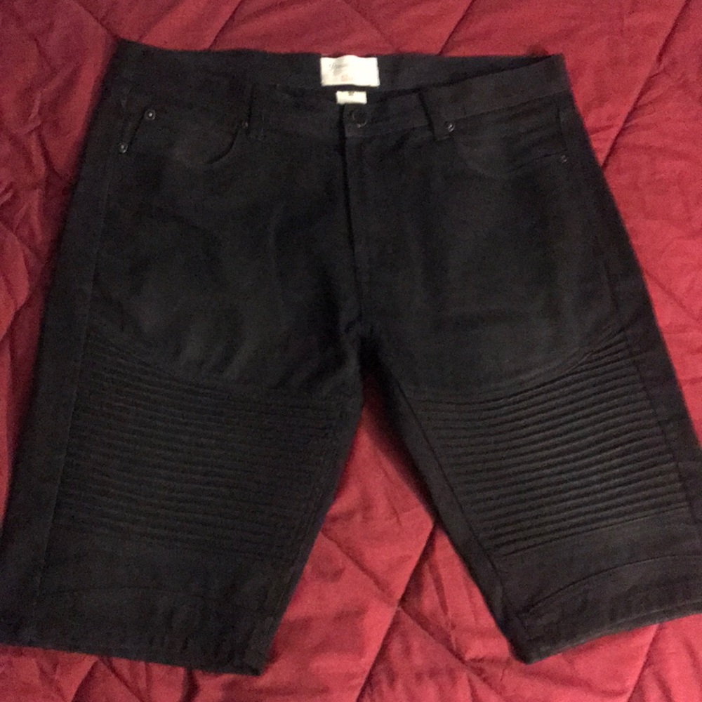 PJMark men’s moto style black jean shorts slim